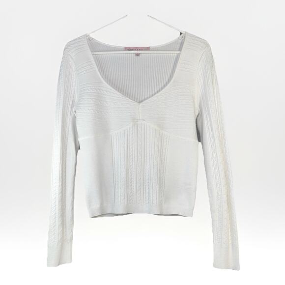 Crave Fame Medium Cable Knit Sweater Ivory Ribbed Sweetheart Crop Sleeve Stretch - Picture 1 of 6